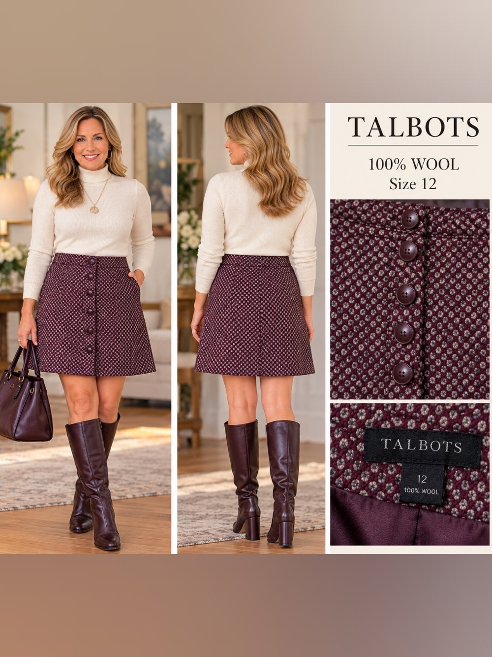 Talbots 100% Wool Houndstooth A-Line Skirt Maroon & Gray. Size 12 Like New